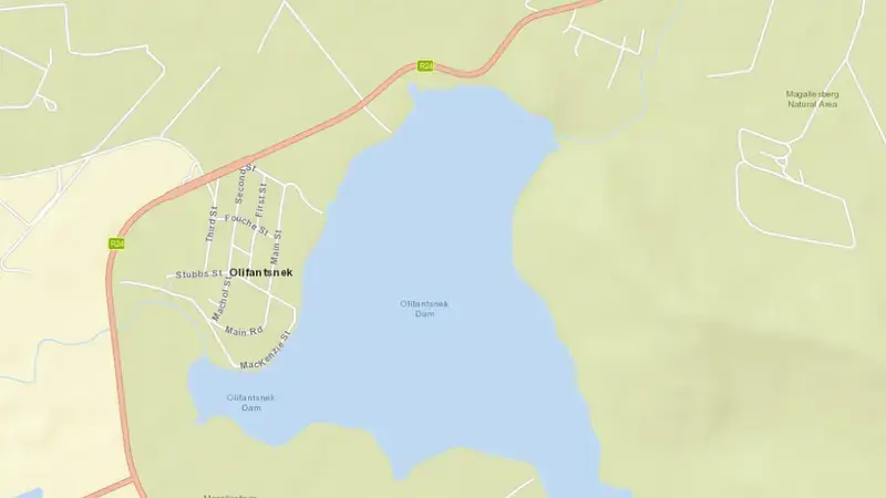 Road map of Olifantsnek Dam reservoir, North West, South Africa