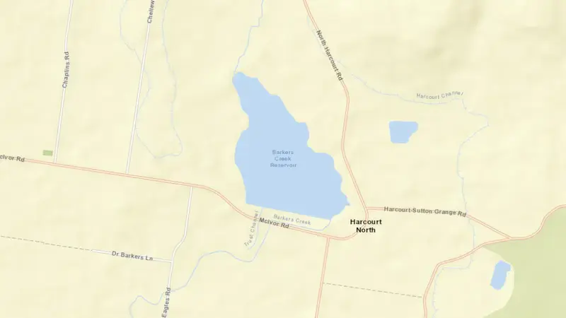 Road map of Barkers Creek reservoir, Victoria, Australia