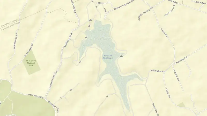 Road map of Barossa reservoir, South Australia, Australia