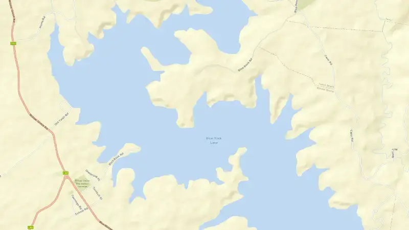 Road map of Blue Rock Lake reservoir, Victoria, Australia