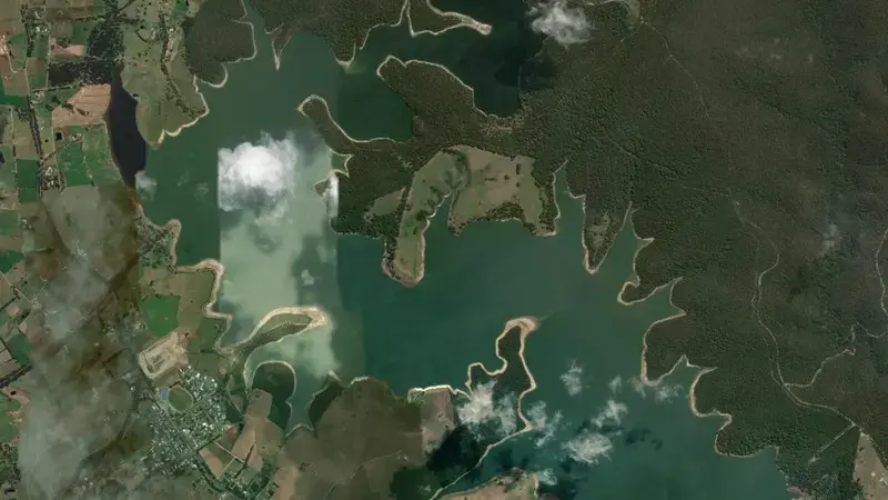 Satellite view of Blue Rock Lake reservoir, Victoria, Australia