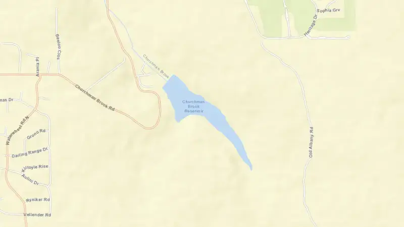 Road map of Churchman Brook reservoir, Western Australia, Australia