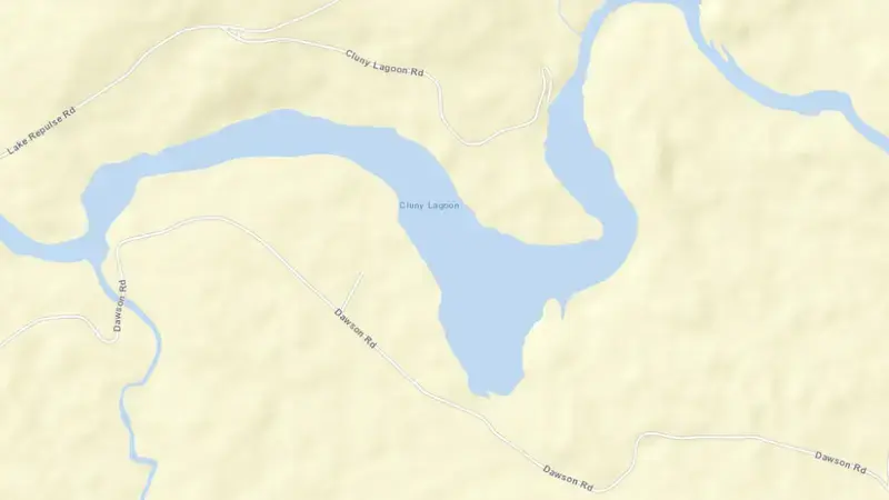 Road map of Cluny Lagoon reservoir, Tasmania, Australia