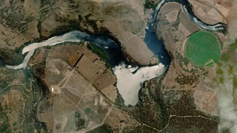 Satellite view of Cluny Lagoon reservoir, Tasmania, Australia