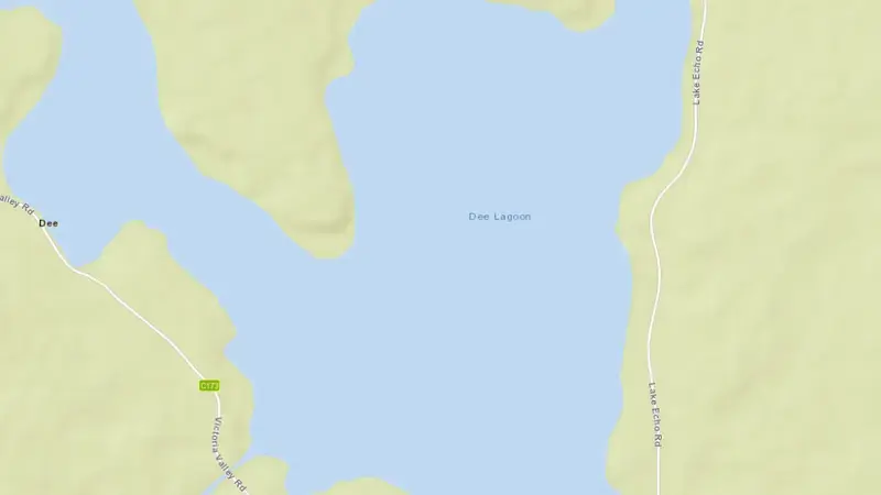 Road map of Dee Lagoon reservoir, Tasmania, Australia