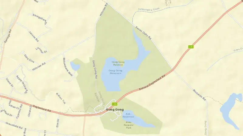 Road map of Gong Gong reservoir, Victoria, Australia