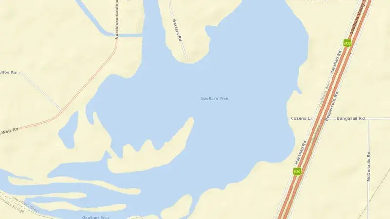 Road map of Goulburn Weir reservoir, Victoria, Australia