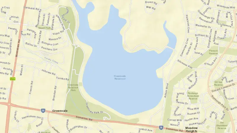 Road map of Greenvale reservoir, Victoria, Australia