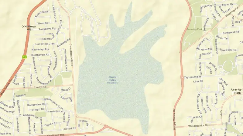 Road map of Happy Valley reservoir, South Australia, Australia
