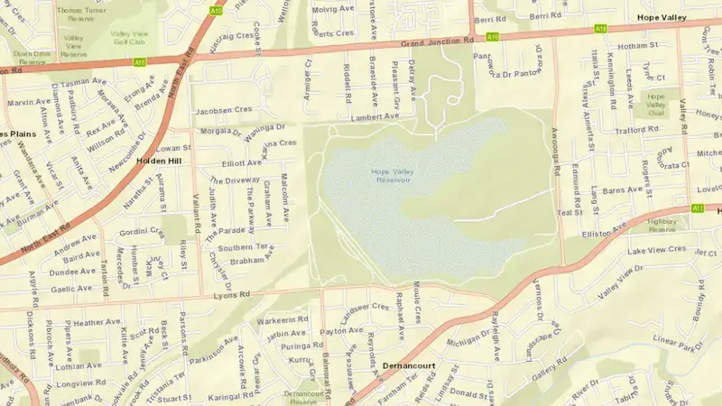 Road map of Hope Valley reservoir, South Australia, Australia