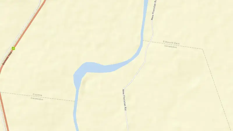 Road map of John Goleby Weir reservoir, Queensland, Australia