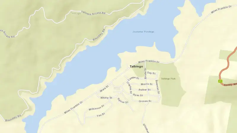 Road map of Jounama Pondage reservoir, New South Wales, Australia