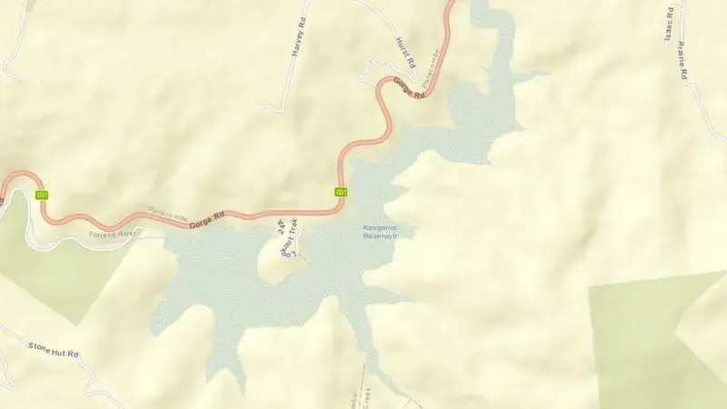 Road map of Kangaroo Creek reservoir, South Australia, Australia