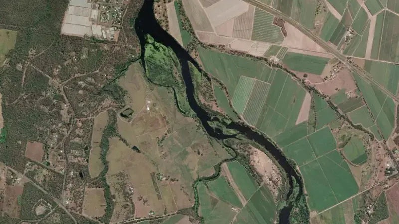 Satellite view of Kolan Barrage reservoir, Queensland, Australia