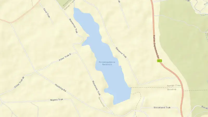 Road map of Korweinguboora Reservoir reservoir, Victoria, Australia