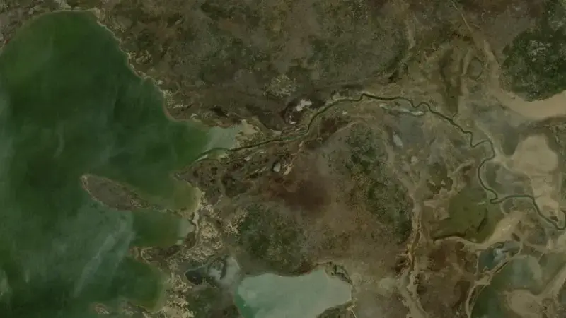 Satellite view of Lake Augusta reservoir, Tasmania, Australia
