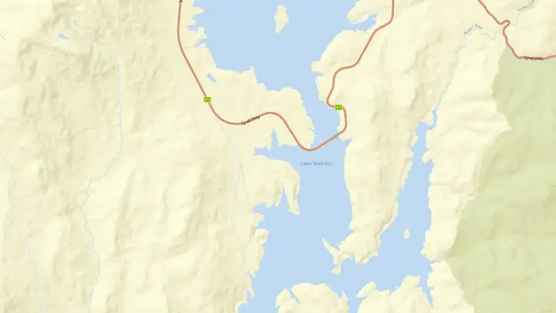 Road map of Lake Burbury reservoir, Tasmania, Australia