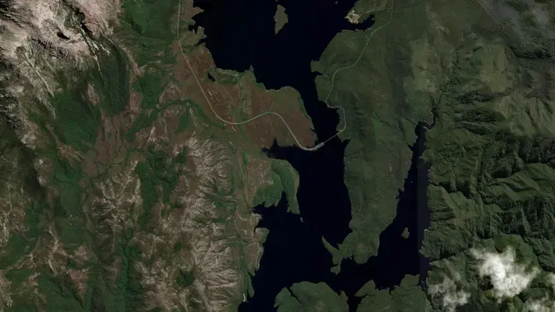 Satellite view of Lake Burbury reservoir, Tasmania, Australia