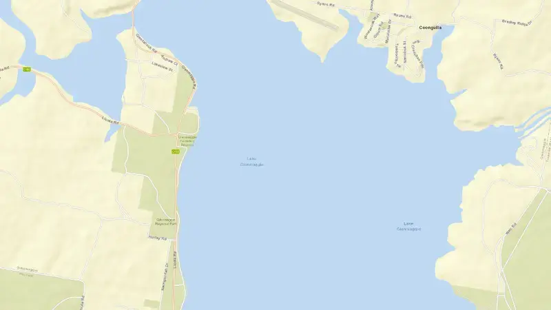 Road map of Lake Glenmaggie reservoir, Victoria, Australia