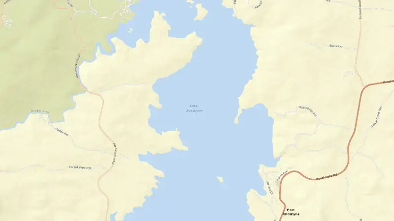 Road map of Lake Jindabyne reservoir, New South Wales, Australia