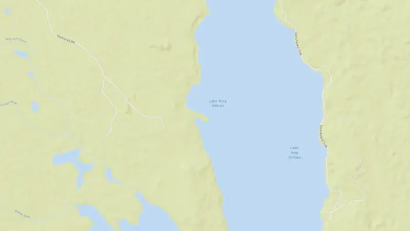 Road map of Lake King William reservoir, Tasmania, Australia