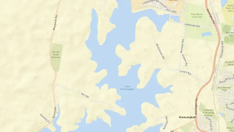 Road map of Lake Kurwongbah reservoir, Queensland, Australia