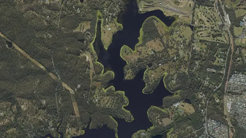 Satellite view of Lake Kurwongbah reservoir, Queensland, Australia