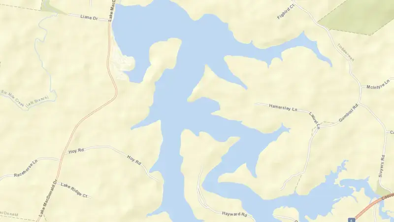 Road map of Lake MacDonald reservoir, Queensland, Australia