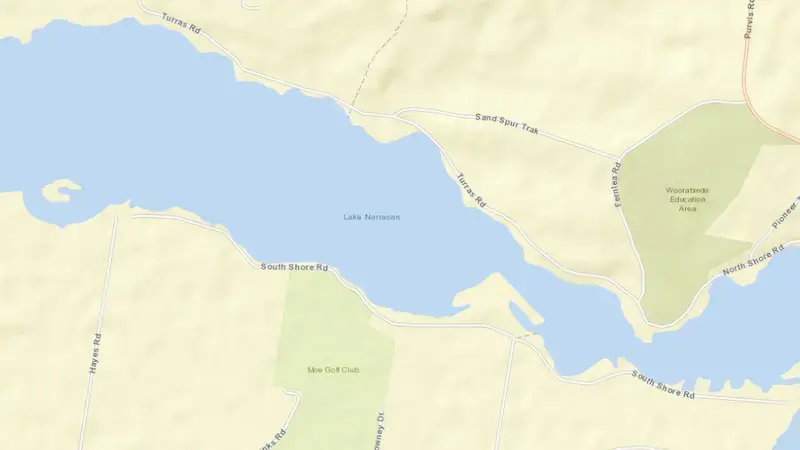 Road map of Lake Narracan reservoir, Victoria, Australia