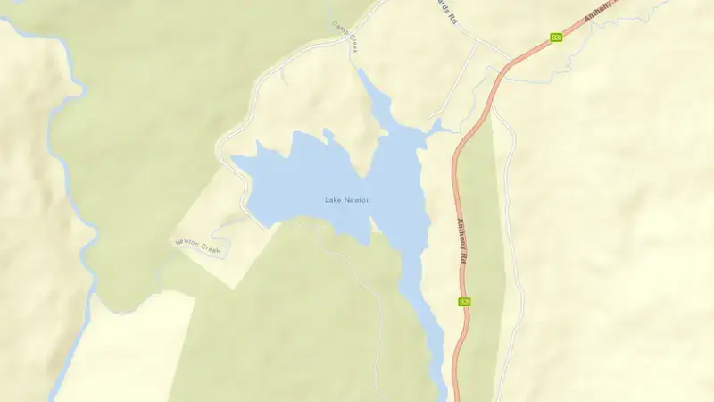 Road map of Lake Newton reservoir, Tasmania, Australia