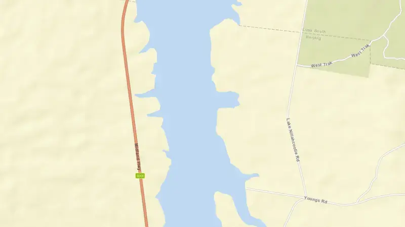 Road map of Lake Nillahcootie reservoir, Victoria, Australia