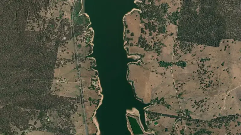 Satellite view of Lake Nillahcootie reservoir, Victoria, Australia