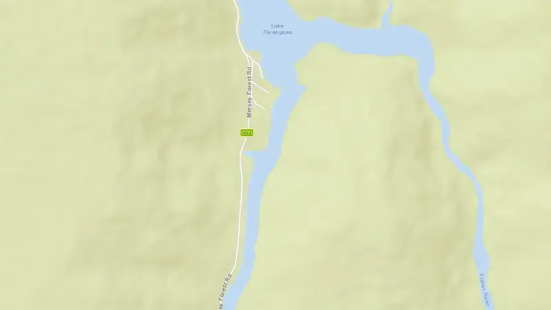 Road map of Lake Parangana reservoir, Tasmania, Australia