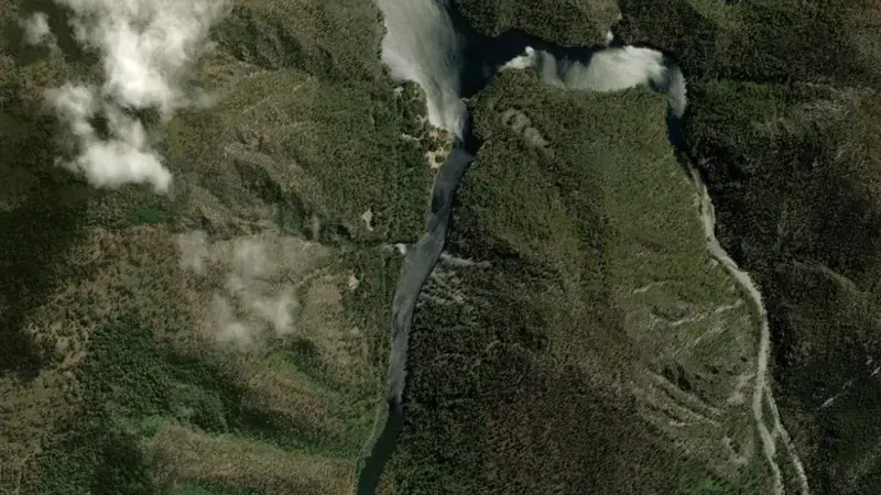 Satellite view of Lake Parangana reservoir, Tasmania, Australia