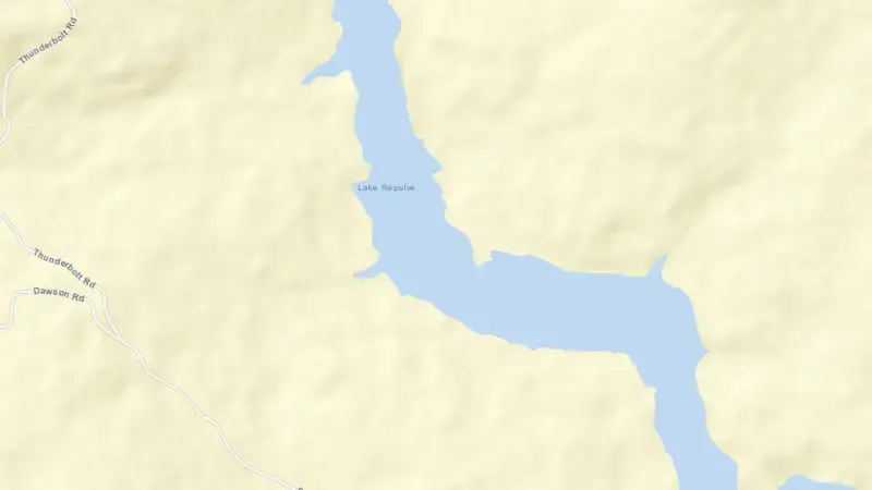 Road map of Lake Repulse reservoir, Tasmania, Australia