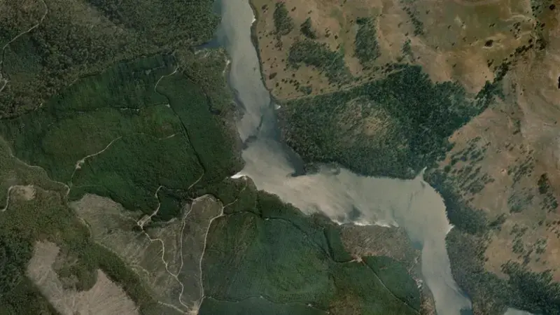 Satellite view of Lake Repulse reservoir, Tasmania, Australia