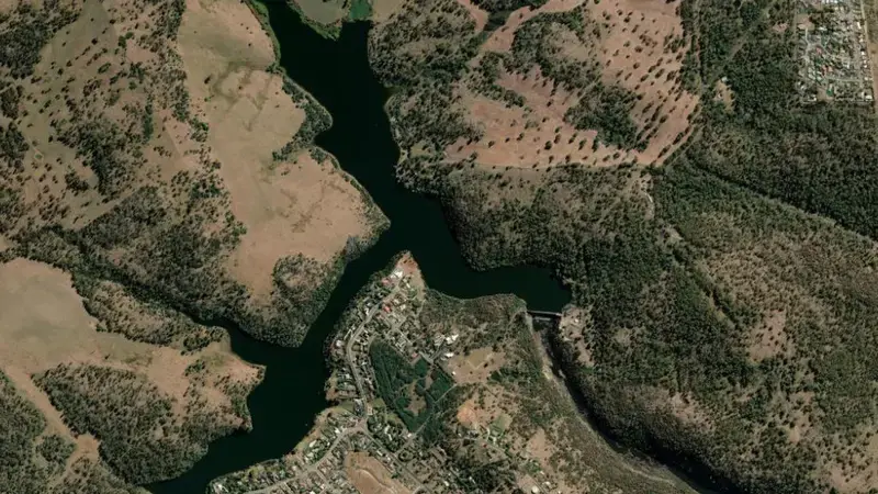 Satellite view of Lake Trevallyn reservoir, Tasmania, Australia