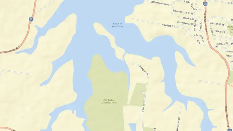 Road map of Leslie Harrison reservoir, Queensland, Australia