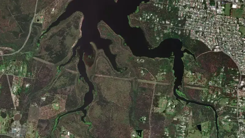 Satellite view of Leslie Harrison reservoir, Queensland, Australia