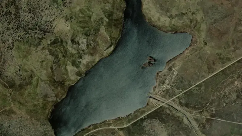 Satellite view of Little Pine Lagoon reservoir, Tasmania, Australia