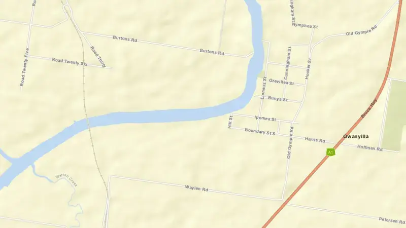 Road map of Mary Barrage reservoir, Queensland, Australia