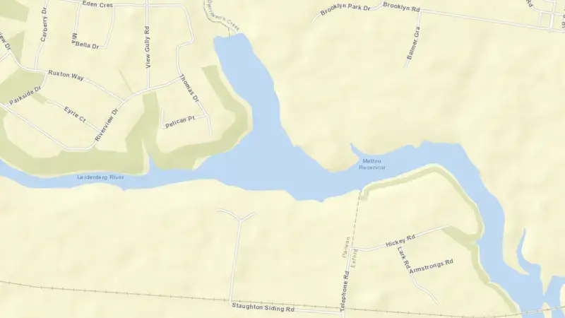 Road map of Melton Reservoir reservoir, Victoria, Australia