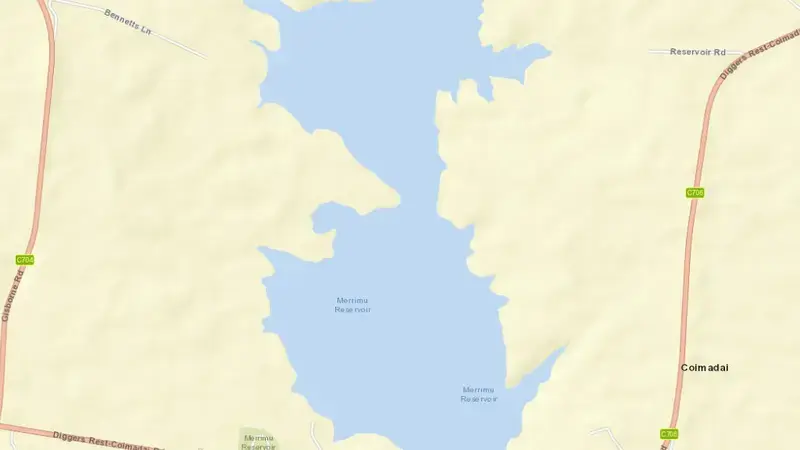 Road map of Merrimu Reservoir reservoir, Victoria, Australia