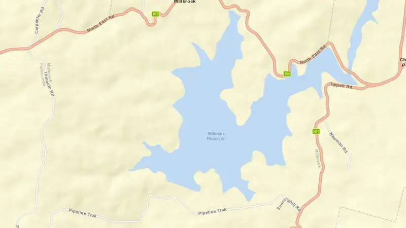 Road map of Millbrook reservoir, South Australia, Australia