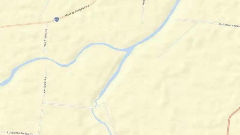 Road map of Mirani Weir reservoir, Queensland, Australia