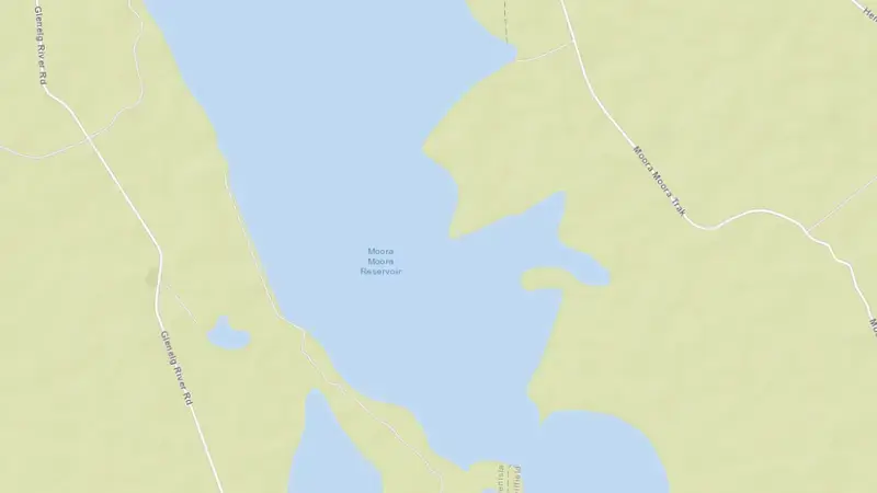 Road map of Moora Moora Reservoir reservoir, Victoria, Australia