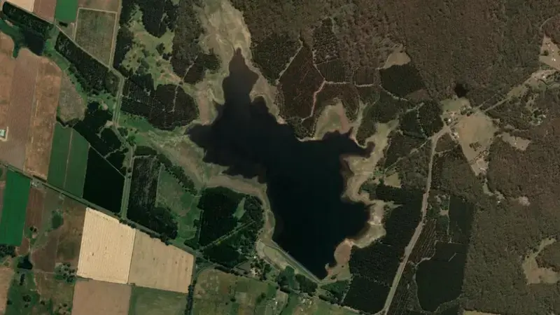 Satellite view of Moorabool reservoir, Victoria, Australia