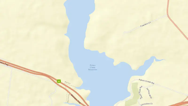 Road map of Pykes Creek Reservoir reservoir, Victoria, Australia
