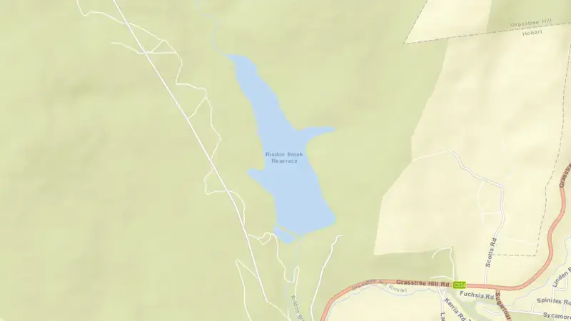 Road map of Risdon Brook reservoir, Tasmania, Australia