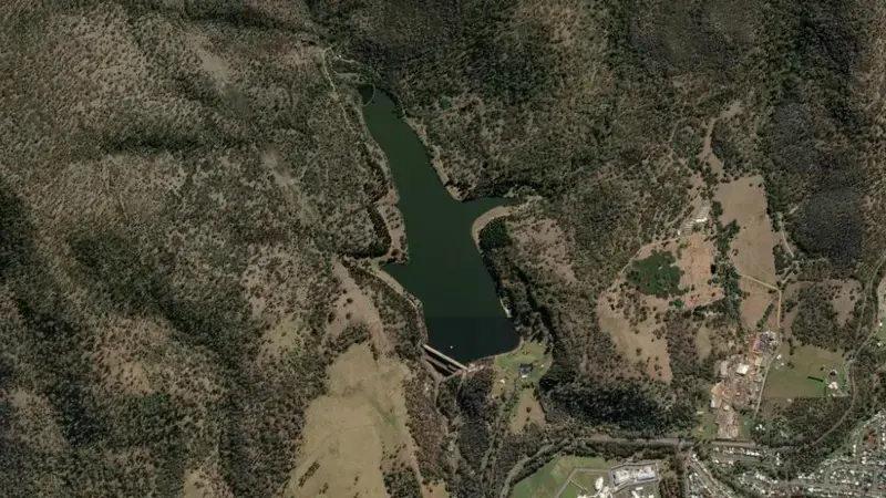 Satellite view of Risdon Brook reservoir, Tasmania, Australia